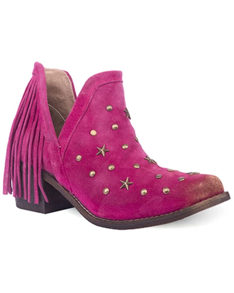 Circle G Women's Fringe Studded Roughout Booties - Round Toe