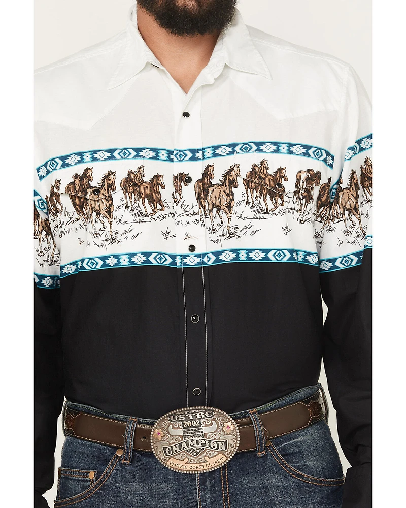 Roper Men's Horse Border Print Long Sleeve Snap Western Shirt