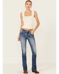 Miss Me Women's Medium Wash Mid Rise Floral Pocket 32" Bootcut Stretch Denim Jeans