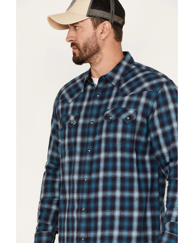 Moonshine Spirit Men's Ombre Plaid Print Long Sleeve Snap Western Flannel Shirt