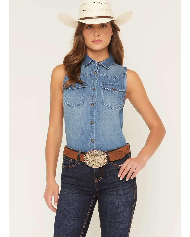 Shyanne Women's Medium Wash Sleeveless Button-Down Denim Shirt