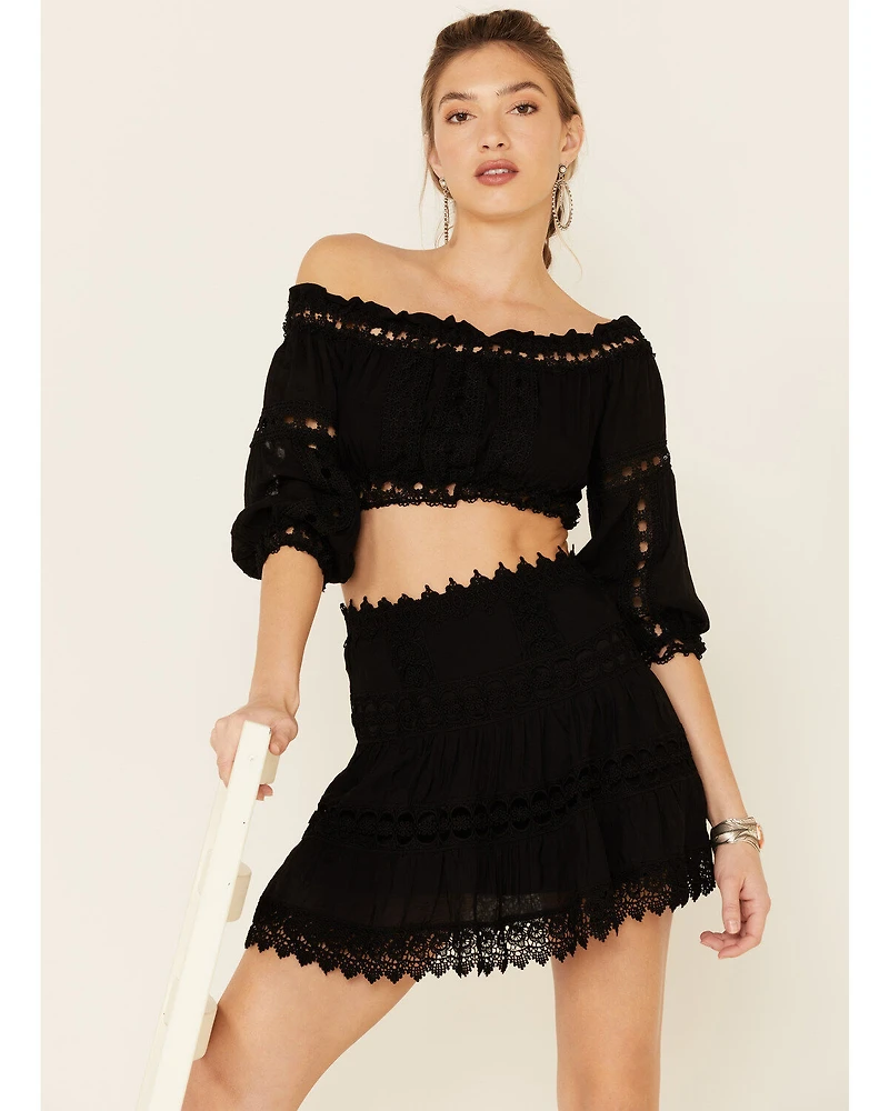 Revel Women's Cropped Off Shoulder Crochet Top