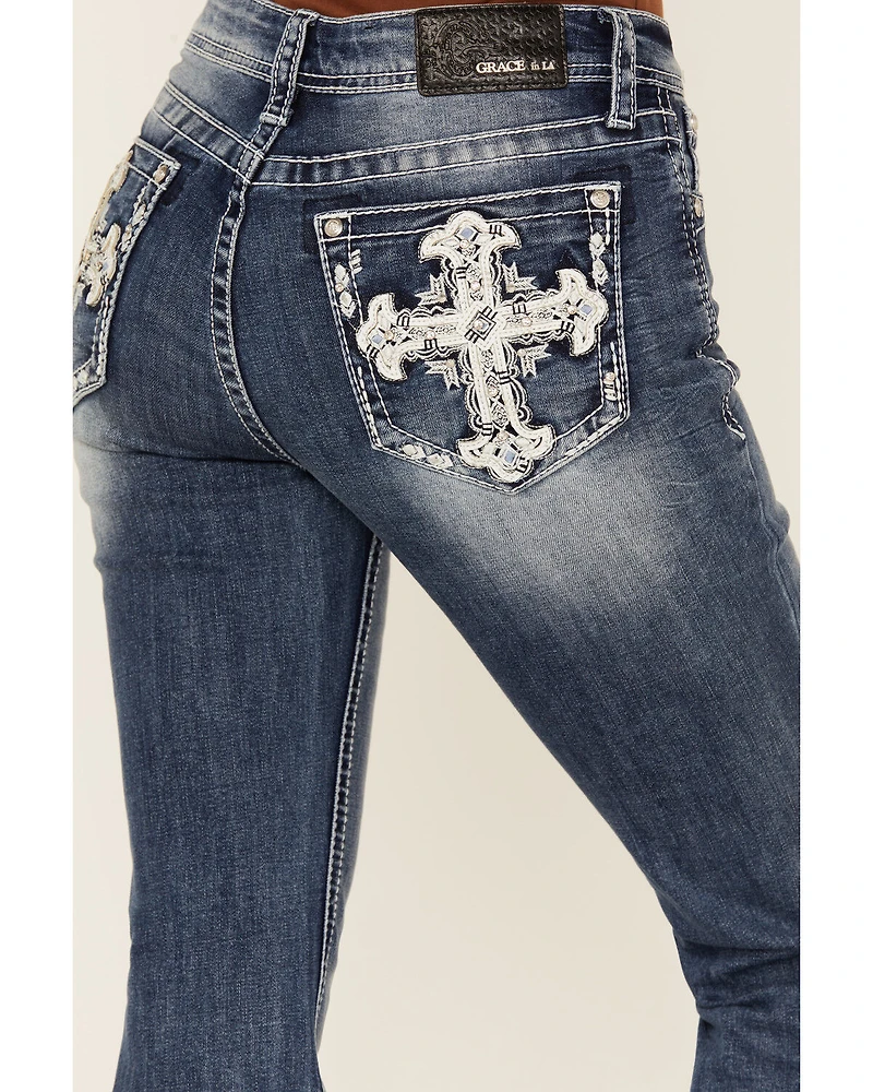 Grace LA Women's Medium Wash Cross Embroidered Mid Rise Bootcut Stretch Denim Jeans