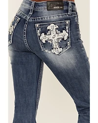 Grace LA Women's Medium Wash Cross Embroidered Mid Rise Bootcut Stretch Denim Jeans