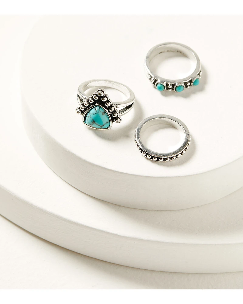 Shyanne Women's Turquoise and Silver-Toned Dotted Ring Set - 3 Piece