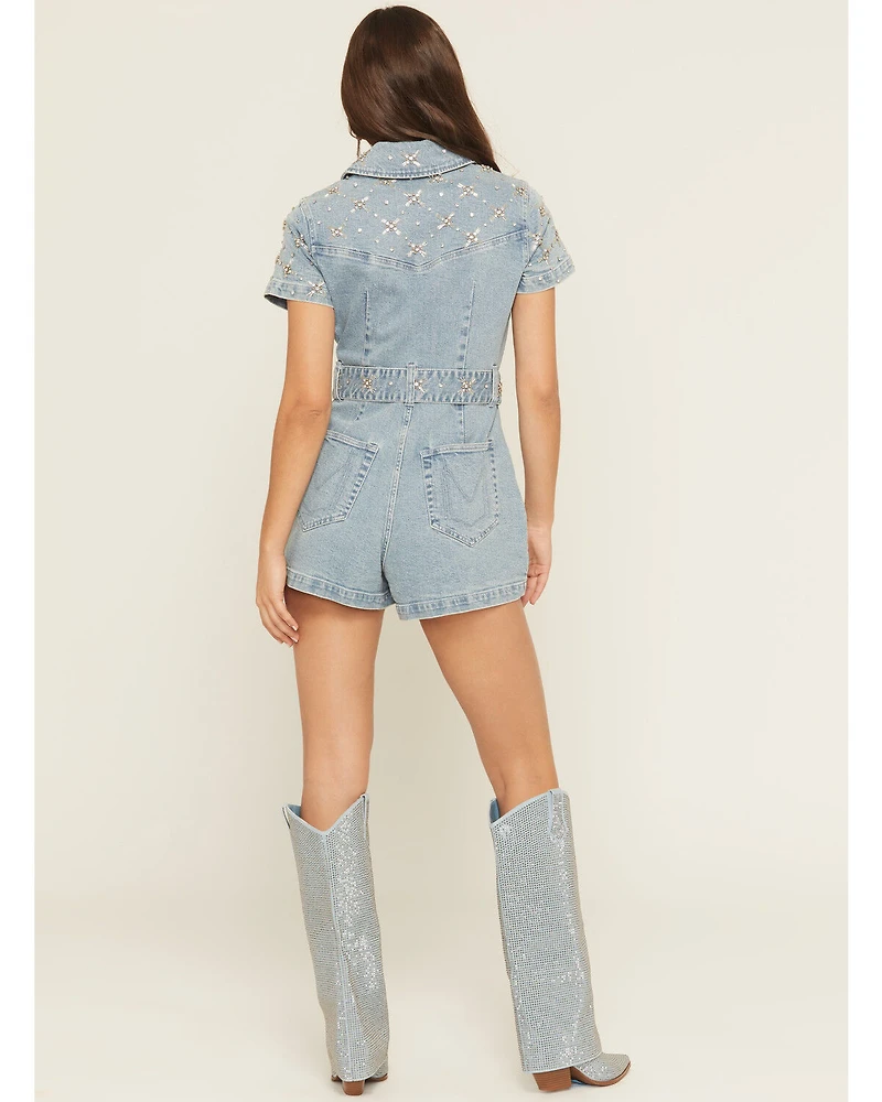 Show Me Your Mumu Women's Medium Wash Dolly Embellished Short Sleeve Denim Romper