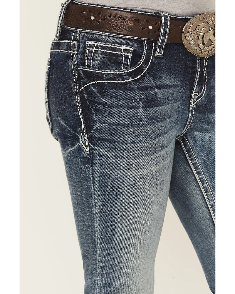 Grace LA Girls' Medium Wash Geo Diamond Pocket Bootcut Stretch Denim Jeans