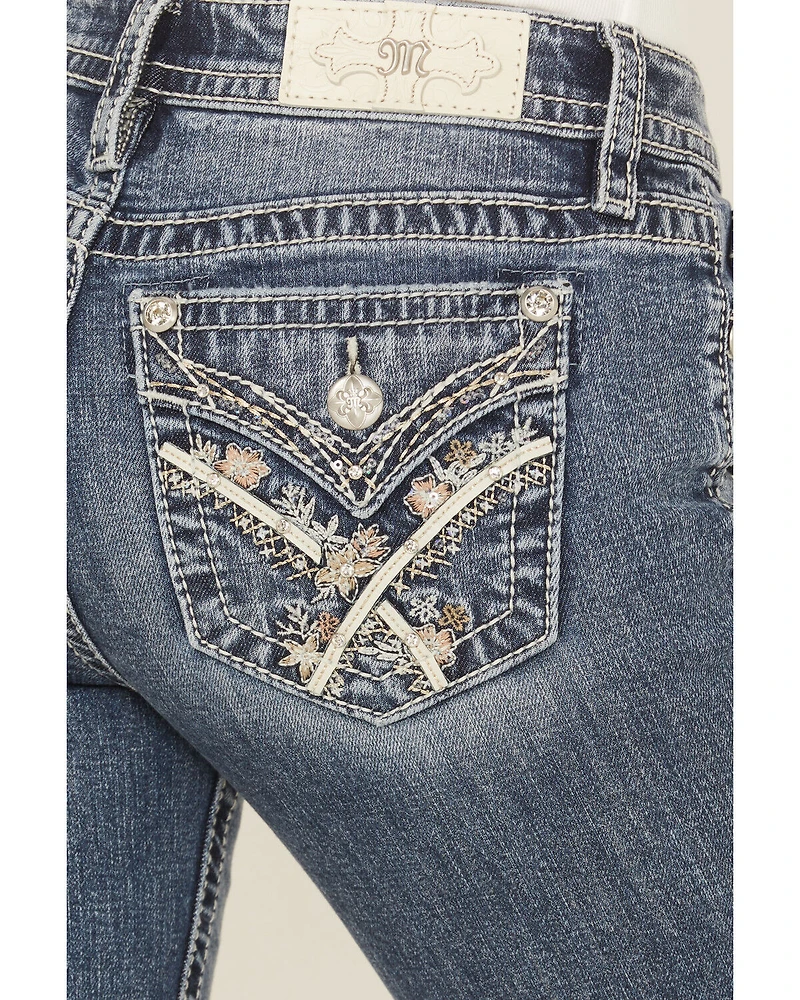 Miss Me Women's Medium Wash Mid Rise 32" Bootcut Floral Pocket Stretch Denim Jeans