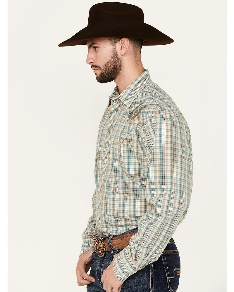 Roper Men's Plaid Print Embroidered Long Sleeve Pearl Snap Western Shirt