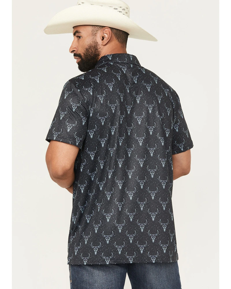 Rock & Roll Denim Men's Longhorn Print Short Sleeve Button-Down Stretch Polo Shirt