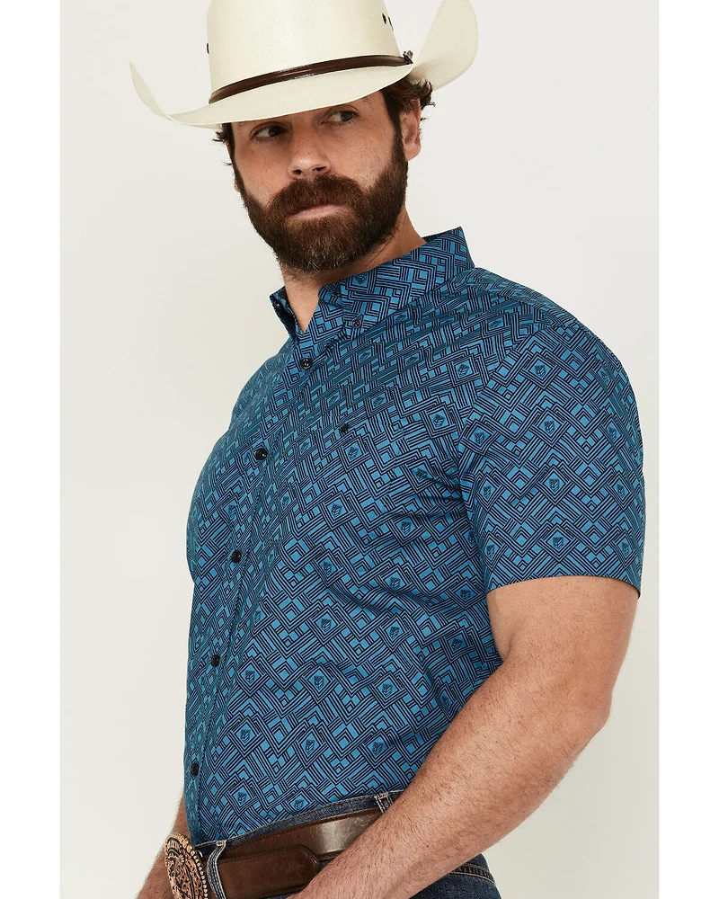 RANK 45® Men's Interlock Plains Abstract Geo Print Short Sleeve Button-Down Stretch Western Shirt