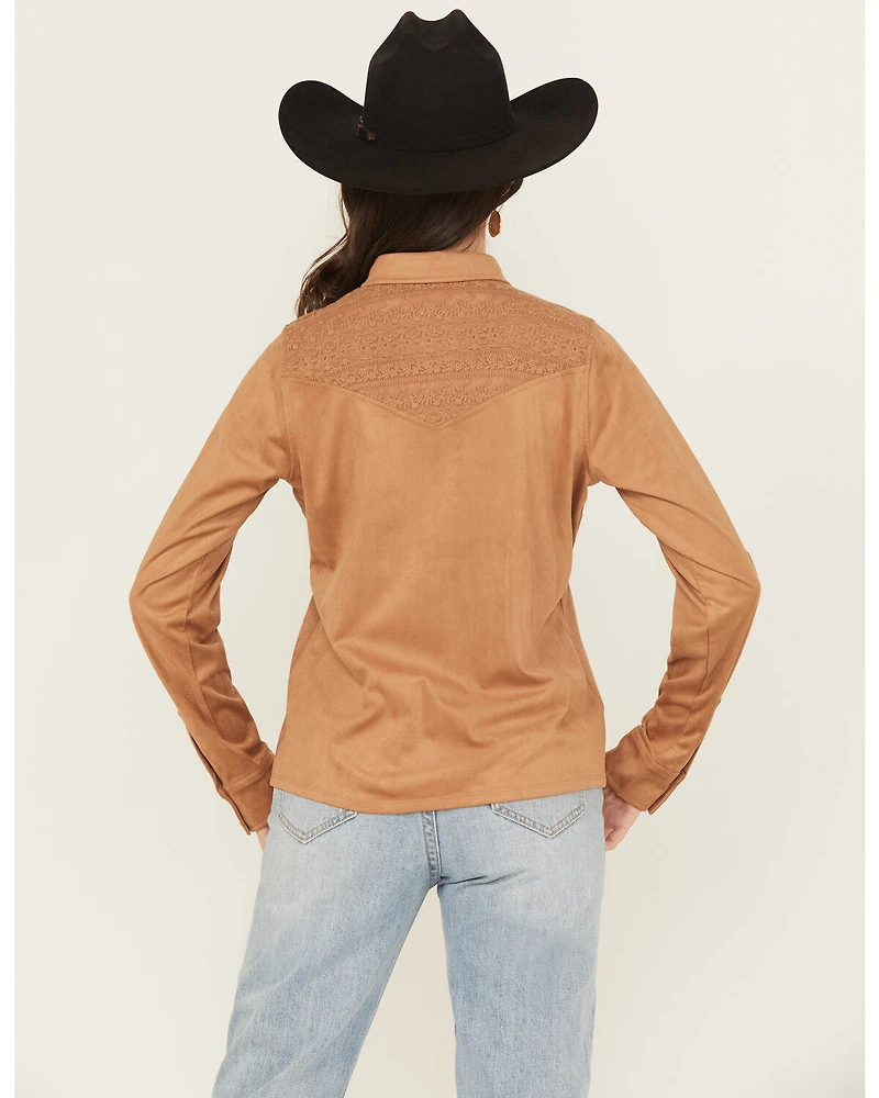 Shyanne Women's Faux Suede Lace Yoke Long Sleeve Button-Down Western Shirt