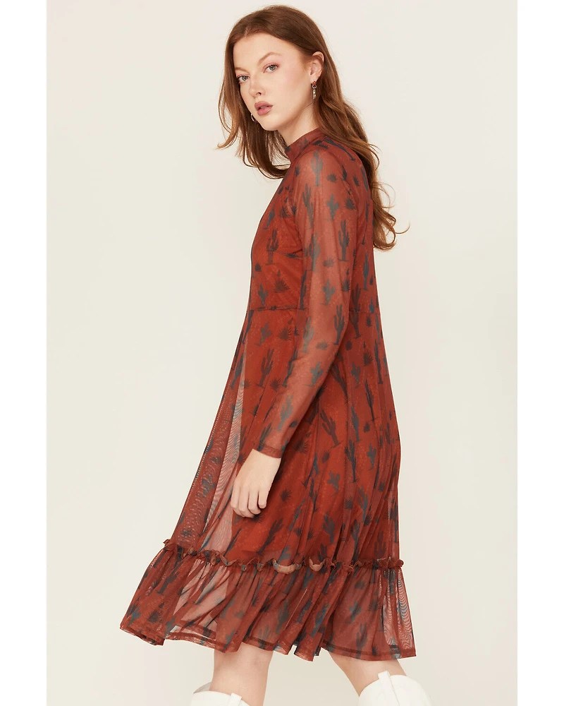 Panhandle Women's Cactus Print Long Sleeve Mesh Midi Dress