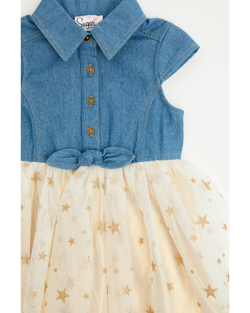 Sugar California Toddler Girls' Denim and Tulle Gold Star Dress