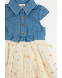 Sugar California Toddler Girls' Denim and Tulle Gold Star Dress