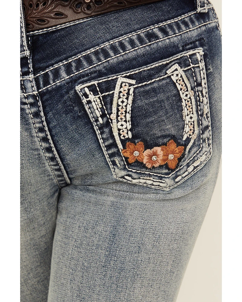 Grace LA Girls' Light Wash Horseshoe Floral Bootcut Denim Jeans
