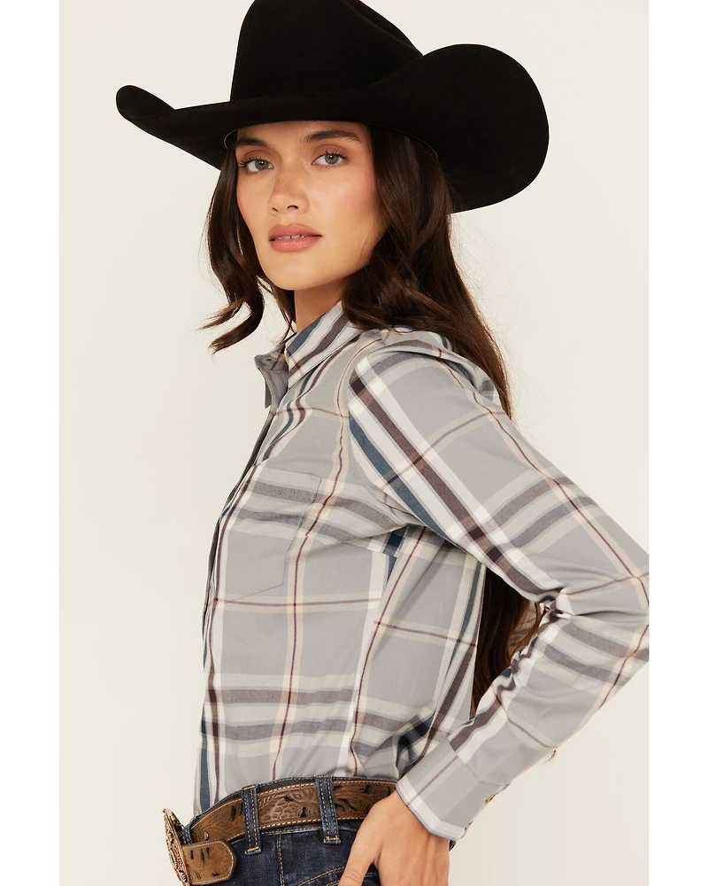Shyanne Women's Plaid Print Long Sleeve Button-Down Stretch Western Shirt