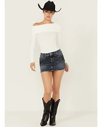 7 For All Mankind Women's Dark Wash Elena Embellished Micro Mini Skirt