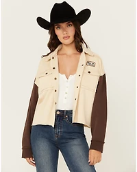 Cleo + Wolf Women's Color Block Graphic Print Snap Cropped Shacket