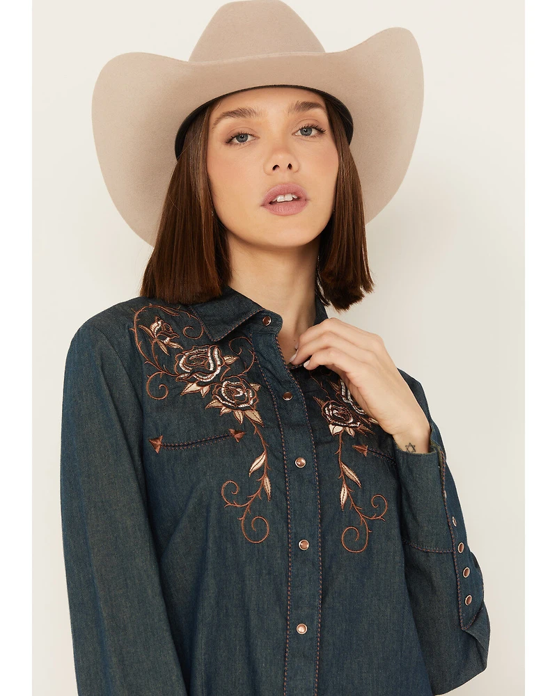Scully Women's Rose Embroidered Denim Long Sleeve Pearl Snap Western Shirt