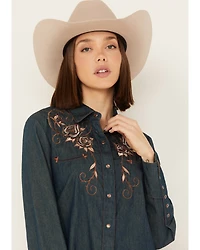 Scully Women's Rose Embroidered Denim Long Sleeve Pearl Snap Western Shirt