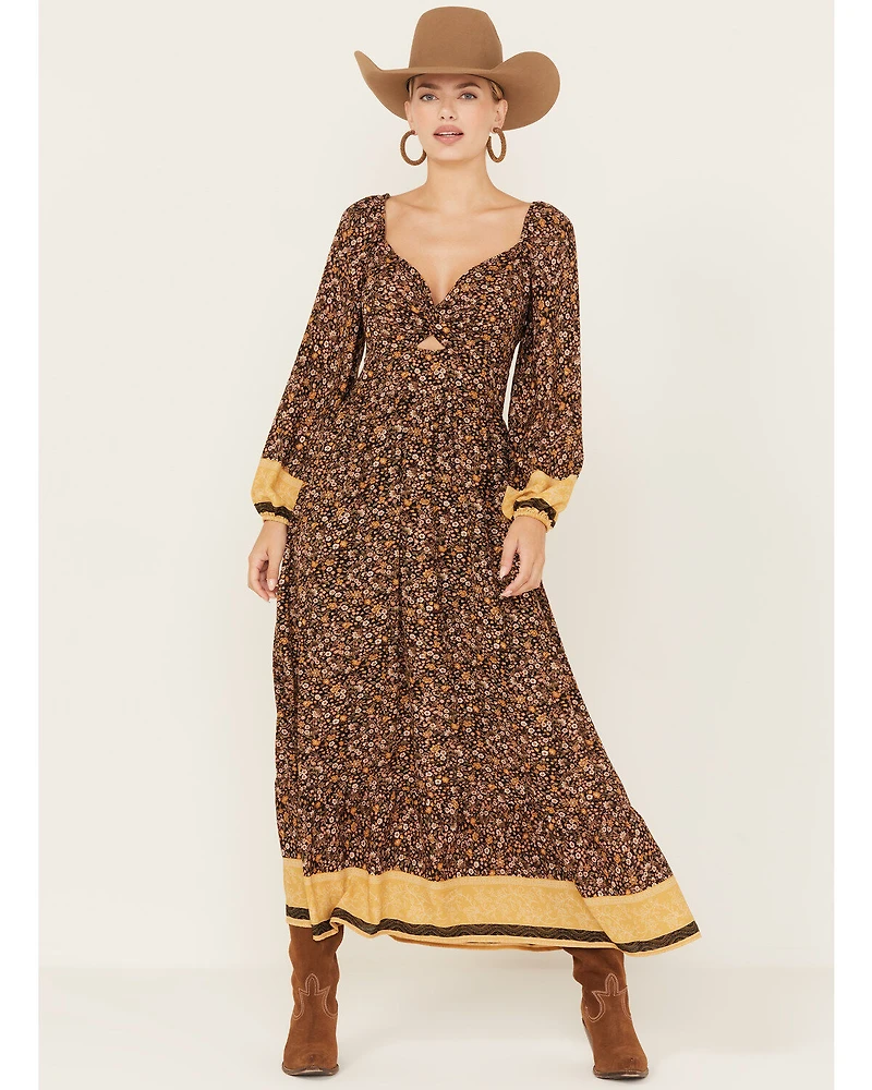 Wild Moss Women's Floral Border Print Long Sleeve Maxi Dress