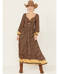 Wild Moss Women's Floral Border Print Long Sleeve Maxi Dress