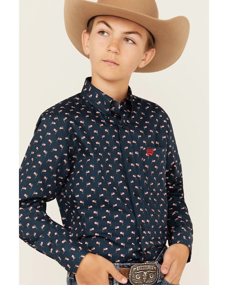 Cinch Boys' Flag Print Long Sleeve Button-Down Western Shirt