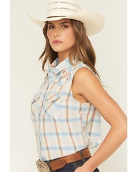 Ely Walker Women's Bow Embroidered Plaid Print Sleeveless Pearl Snap Western Shirt