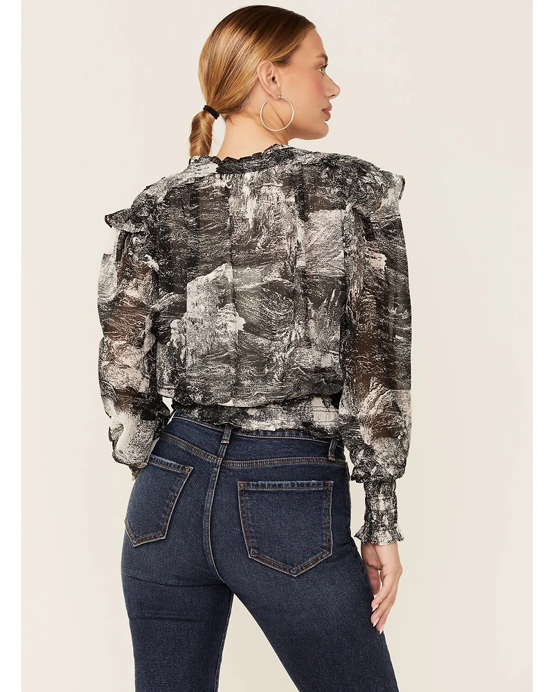 Revel Women's Toile Print Smocked Long Sleeve Top