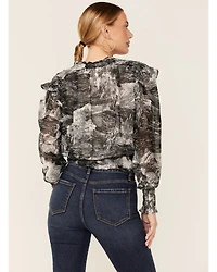 Revel Women's Toile Print Smocked Long Sleeve Top