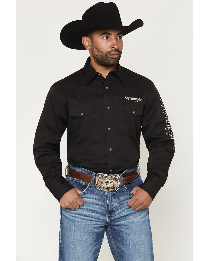 Wrangler Men's Solid Logo Long Sleeve Snap Western Shirt