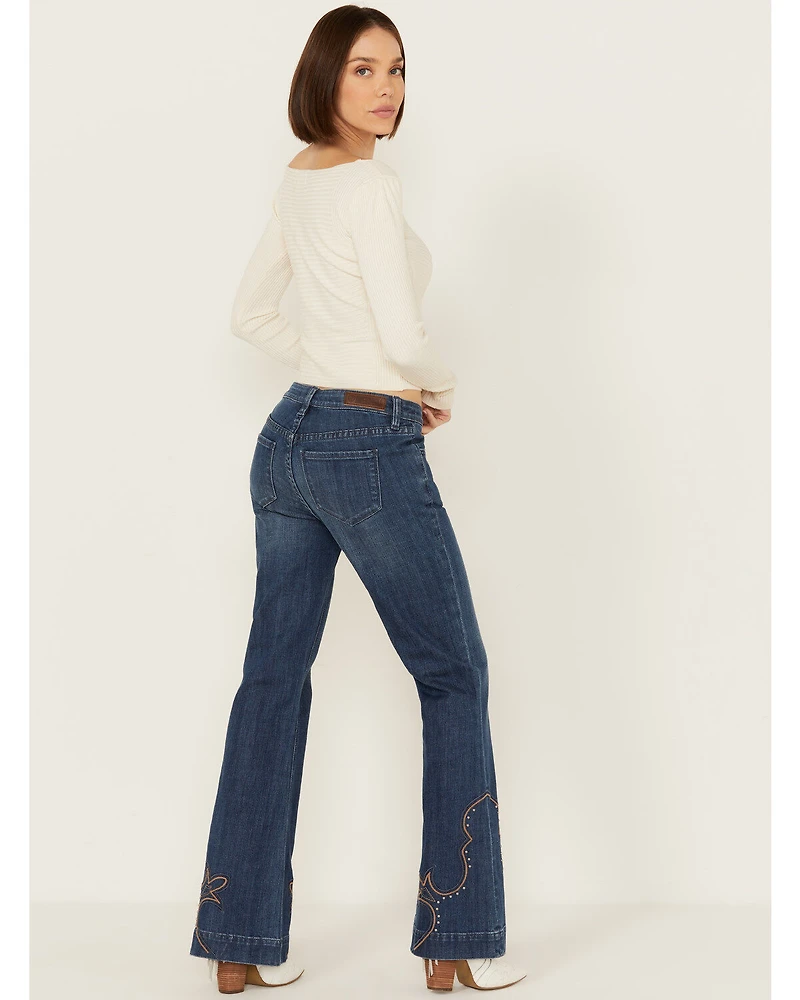 Rock & Roll Denim Women's Dark Wash Mid Rise Hem Stitched Trouser Stretch Jeans