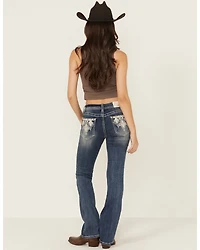 Grace LA Women's Medium Wash Diamond Embroidered Mid Rise Bootcut Stretch Denim Jeans