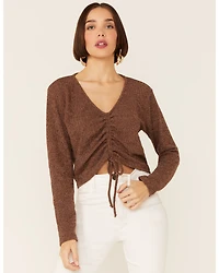 Wild Moss Women's Brown Ribbed Lurex Cinch Front Knit Top