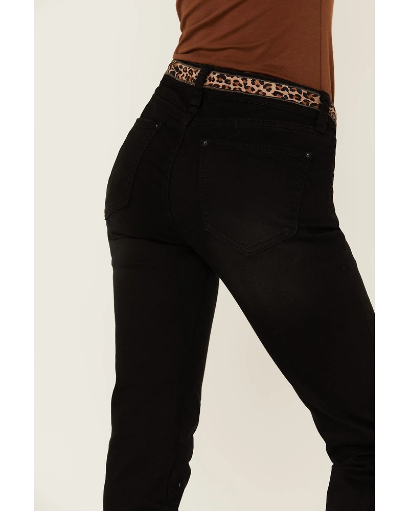Grace LA Women's Embroidered Cheetah Print Black Skinny Jeans