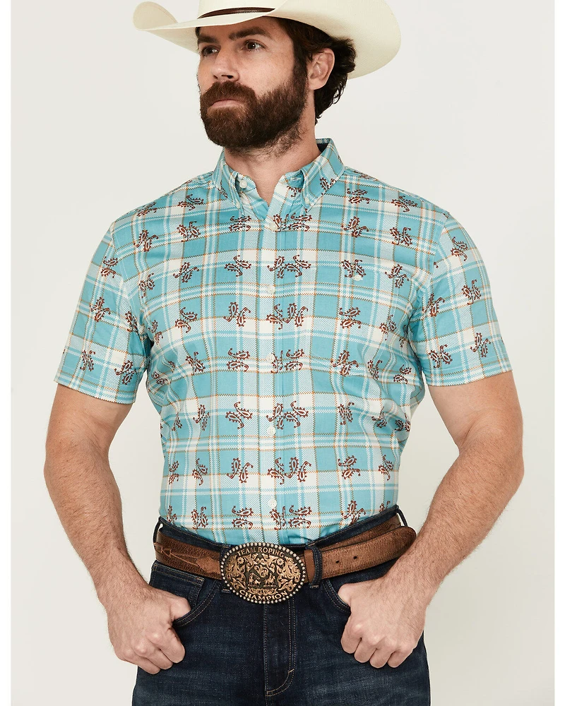 RANK 45® Men's Folklore Plaid Print Short Sleeve Button-Down Performance Stretch Western Shirt