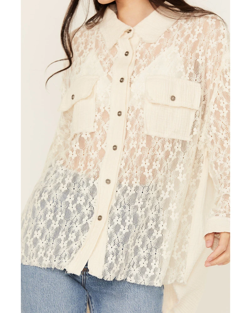 People of Leisure Women's Floral Lace Long Sleeve Button-Down Shirt