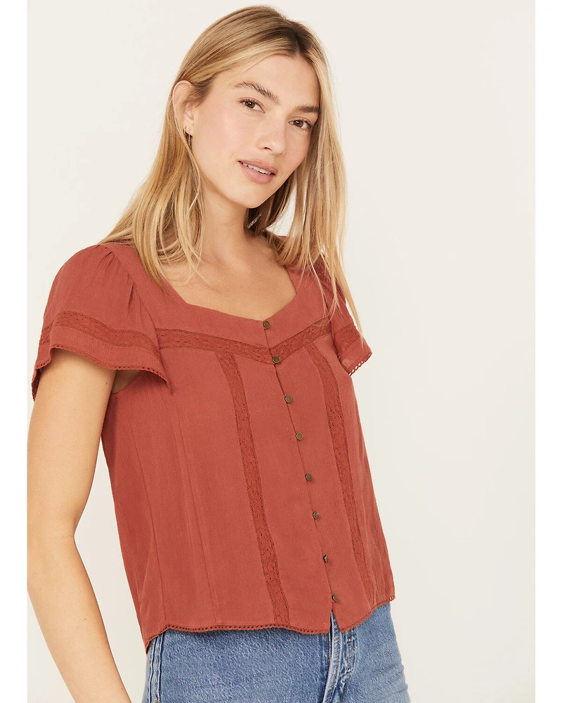 Jolt Women's Button Front Square Neck Peasant Top