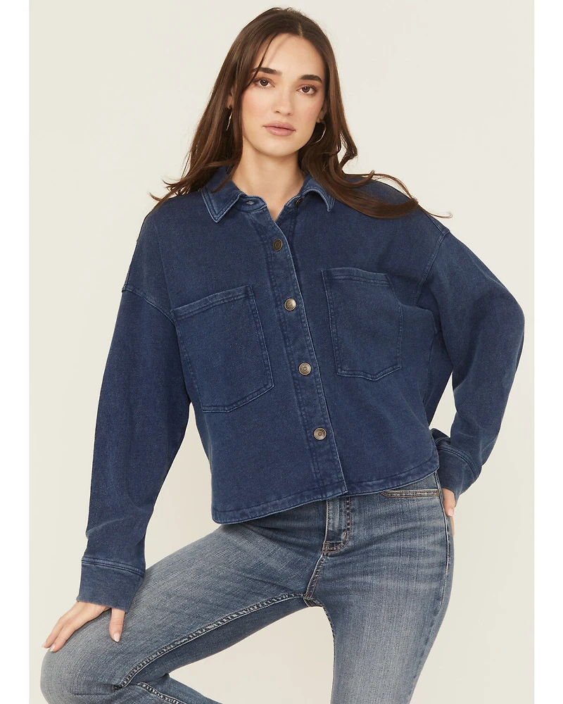 White Crow Women's Denim Knit Long Sleeve Button-Down Cropped Shacket