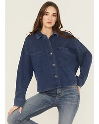 White Crow Women's Denim Knit Long Sleeve Button-Down Cropped Shacket