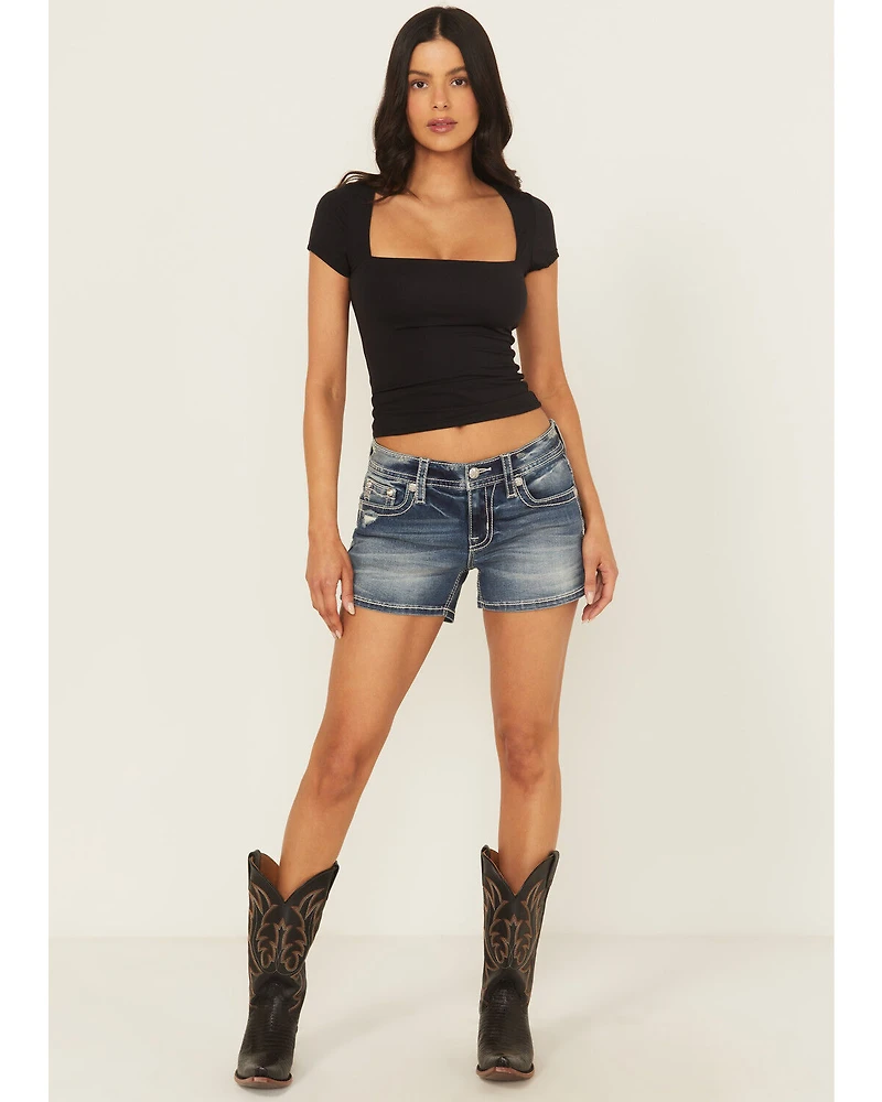 Miss Me Women's Medium Wash Mid Rise Fleur de Lis Bootcut Stretch Denim Shorts