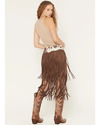 Shyanne Women's Raven Cow Print Faux Suede Fringe Mini Skirt