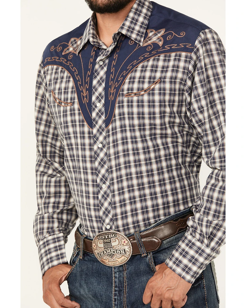 Roper Men's Plaid Print Embroidered Long Sleeve Pearl Snap Western Shirt
