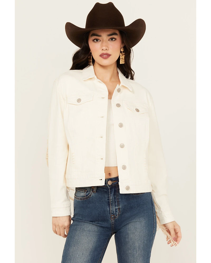 Shyanne Women's Oversized Macrame Fringe Denim Trucker Jacket