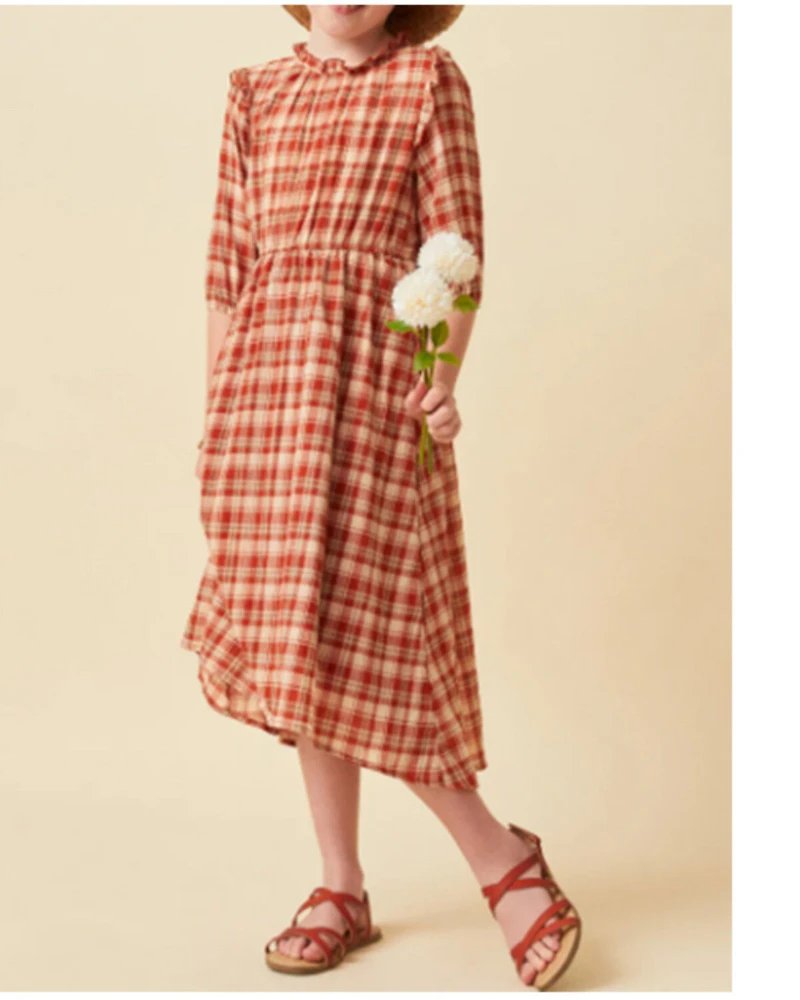 Hayden Girls' Plaid Print Ruffle Puff Sleeve Midi Dress