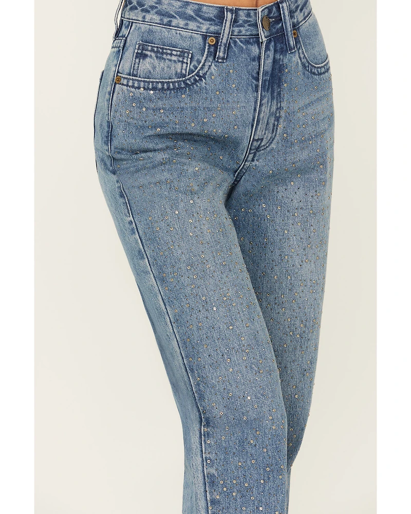 Rock & Roll Denim Women's Medium Wash High Rise Rhinestone Cropped Straight Jeans