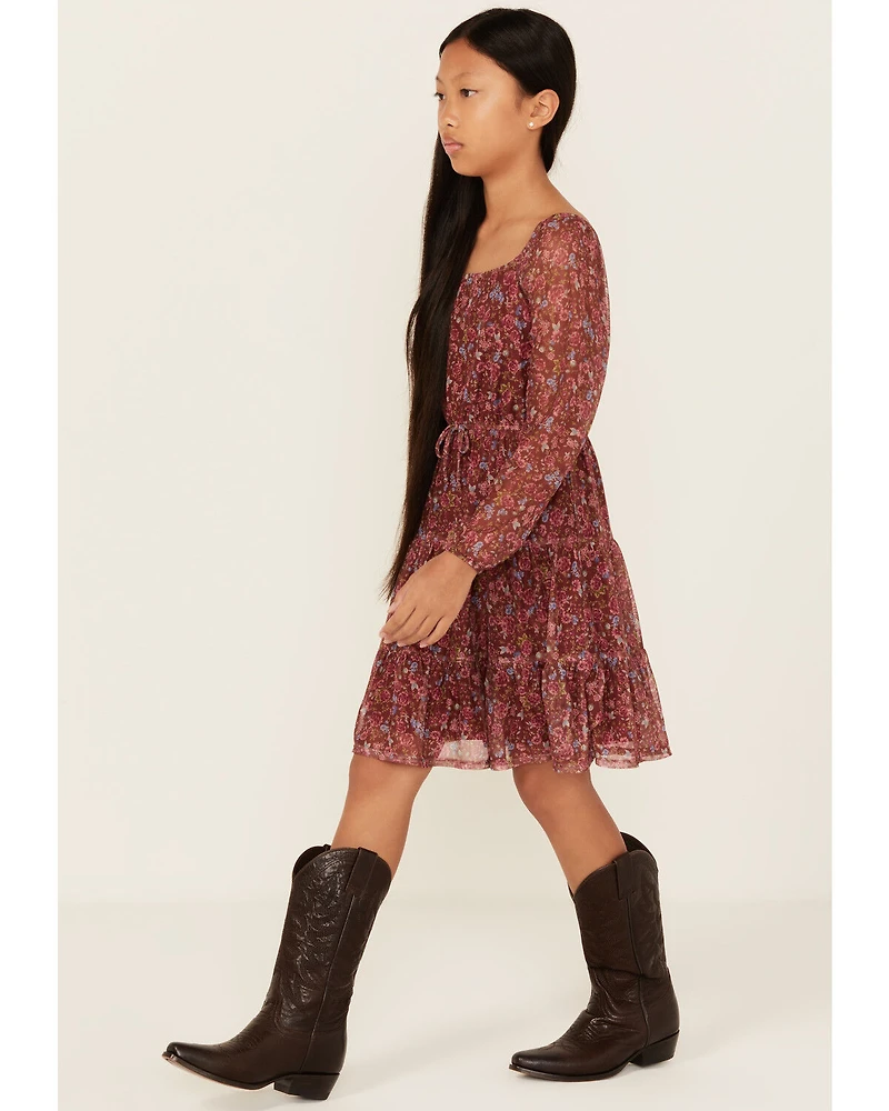 Shyanne Girls' Floral Print Mesh Long Sleeve Mini Dress