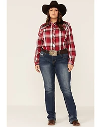 Roper Women's Plaid Print Bull Embroidered Yoke Long Sleeve Snap Western Core Shirt - Plus