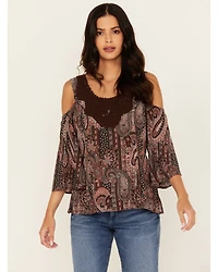 Shyanne Women's Printed Cold Shoulder Crochet Trim Top